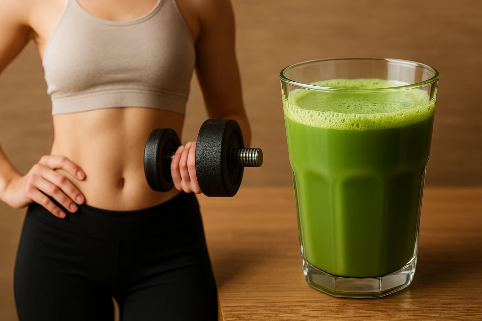 Mujer haciendo ejercicio al aire libre con energía, tomando té matcha como pre-entreno